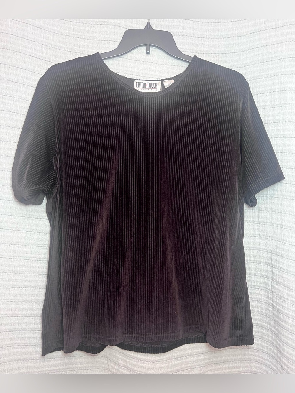 Extra Touch Chocolate Brown Ribbed Faux Velvet Short Sleeve Top